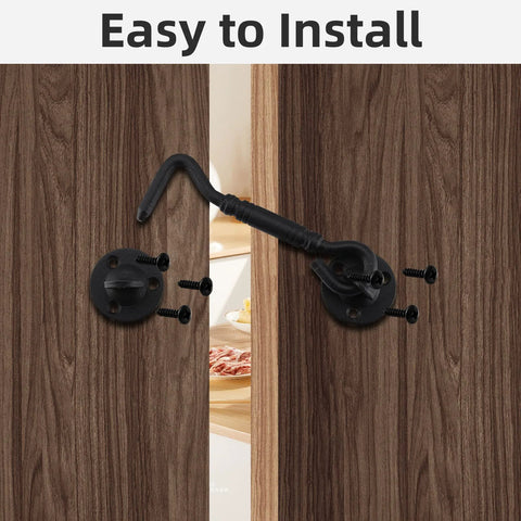 Rust-Proof Barn Door Hook And Eye Latch 4 Inch Privacy Lock Hardware for Sliding Doors installed with screws