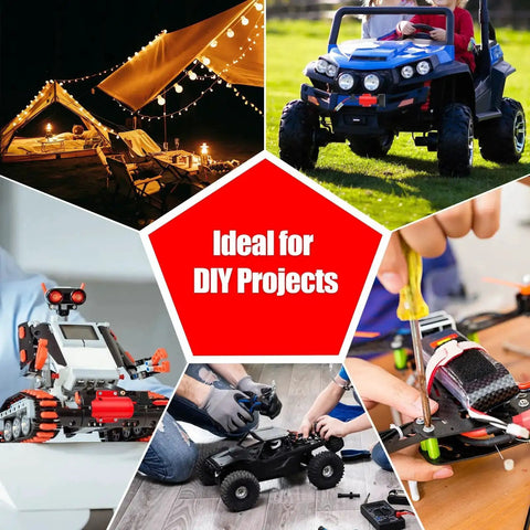 Collage of DIY projects with robots, tents, and toy cars, highlighting Battery Adapter For Milwaukee 12V Batteries With 14 Gauge Wire Terminals And Fuse Protection.