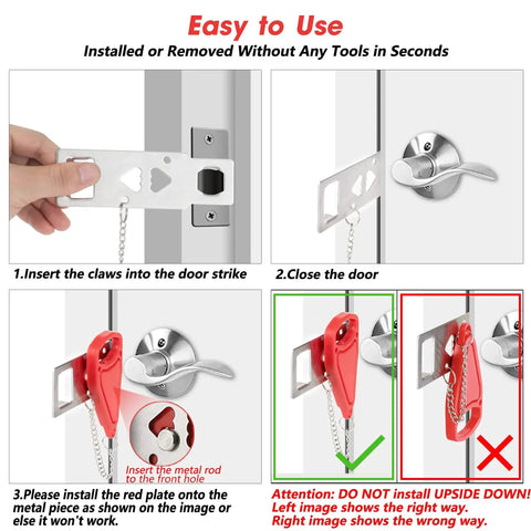 Portable door lock delivers instant privacy and extra security on the go with tool-free installation instructions shown in steps.