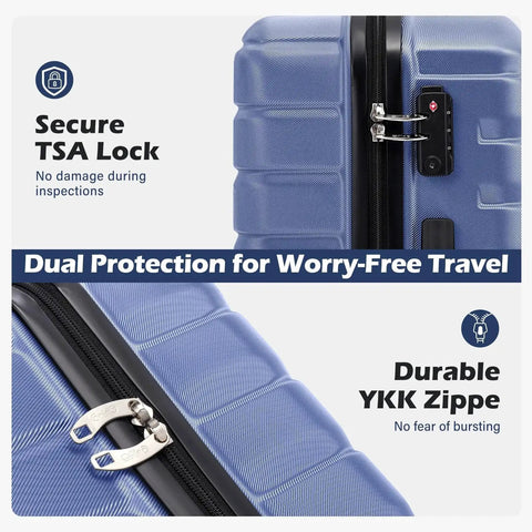 Close-up of Three Piece Hard Shell Luggage Set With Spinner Wheels showing TSA lock and YKK zipper in bright blue.