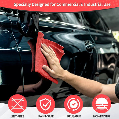 Person using a red microfiber towel on a car surface, focusing on Bulk 100 Pack Microfiber Shop Towels 11.5 By 11.5 Inches Red Lint Free Non Scratch Paint Safe Cleaning Rags For Cars Garage Home And Mechanic Work For Detailing Projects