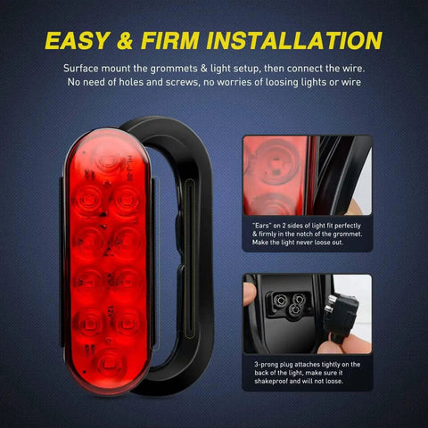 Close-up of 6 Inch Oval Red LED Tail Lights 2 Pack With Surface Mount Grommets IP65 Waterproof for RV Truck Jeep installation