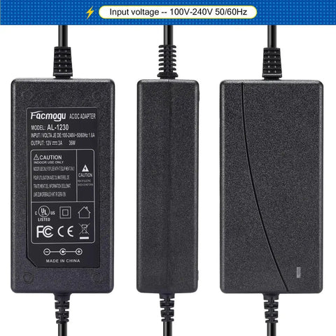 Workhorse 12V 3A Power Adapter showing specifications and input voltage range for low power devices, front and side view