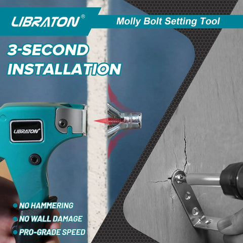 Molly Bolts For Drywall And Plaster Walls Set Includes 30 Heavy Duty Hollow Wall Anchors In Six Sizes And A Pro Setting Tool Holds Up To 65 Lbs For TV Shelf And Mirror Mounting On Hollow Walls product installation demonstration with blue tool and wall anchor