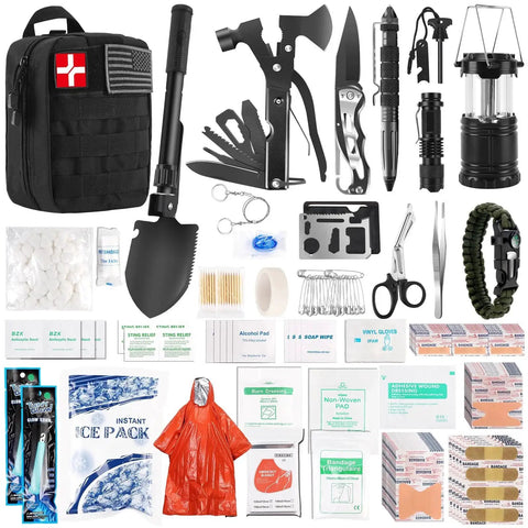 318 Piece Emergency Survival Kit With Comprehensive Survival Gear And First Aid Supplies, including tools and medical items, for vehicle travel.