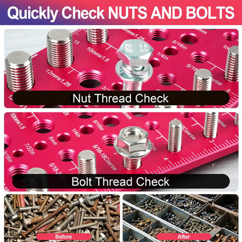 51 In 1 Bolt Size Finder And Thread Gauge With 32 Metric And 32 SAE Threads Plus 19 Drill Bit Check Openings CNC Machined Aluminum Screw Size Chart Go No Go ANSI Standard Non Slip Base with visible nuts and bolts.