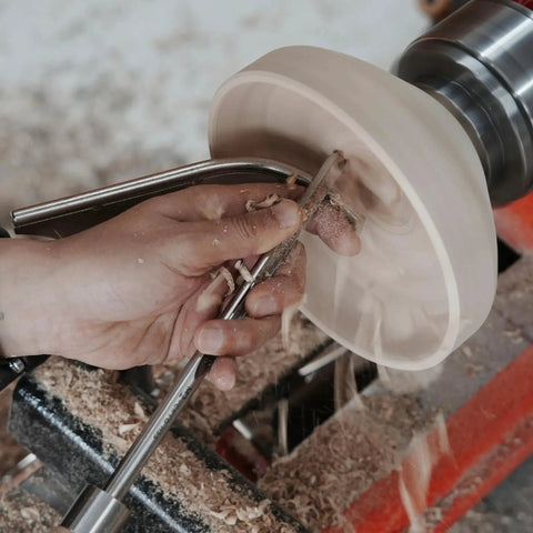 Four Piece Toolrest Set For Wood Lathe Bowl Turning With A One Inch Stem Glide For Deep Interior Access in use on wood lathe.