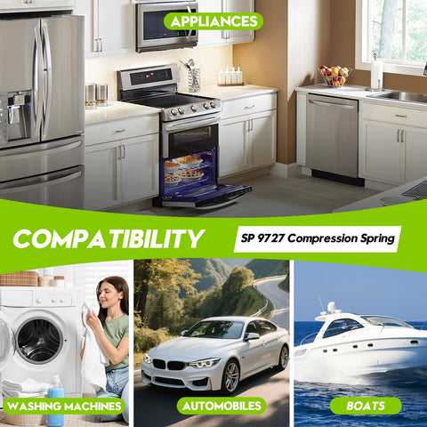 9727 compression spring ad banner; modern kitchen with stainless steel appliances