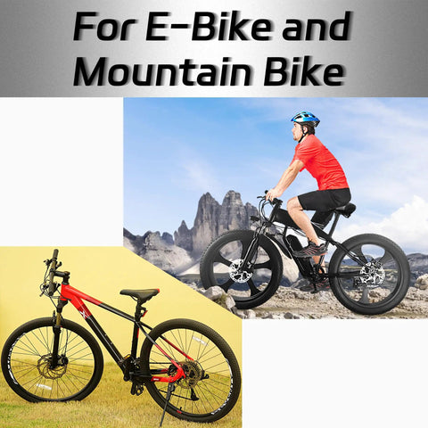 Two mountain bikes: a red-and-black frame on a yellow backdrop and a black e-bike on a rocky trail