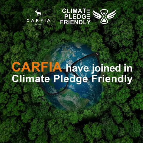 CARFIA joins Climate Pledge Friendly with image of Earth and sunglasses over forest background.