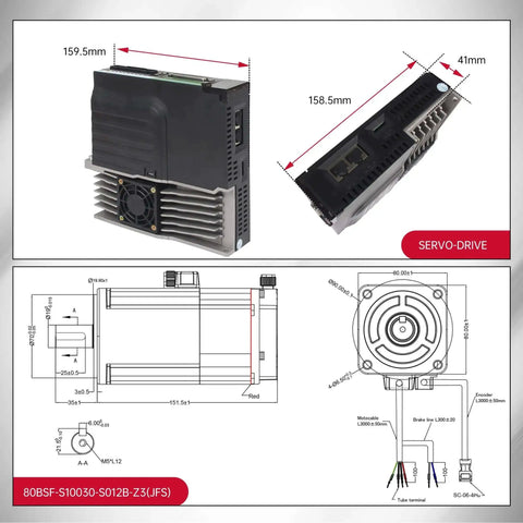 Dimensions and schematics of a servo drive module with 1000W AC servo motor kit, 158.5mm by 159.5mm by 41mm, for CNC machines.