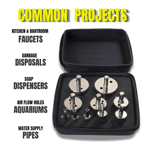 Diamond Hole Saw Drill Bit Set With Guide 10-Piece Core Bit Kit From 1/4 To 2 Inches For Glass Tile Ceramic Porcelain Stone And Granite Pro Kitchen And Bath Remodel Gear With Durable Storage Case shown in open case with labeled uses.