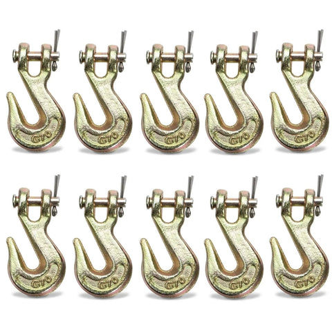Ten Pack 1/4 Inch Clevis Grab Hook For 6mm Chain, G70 Forged Steel Safety Hook, heavy duty chromate finish hooks in a row