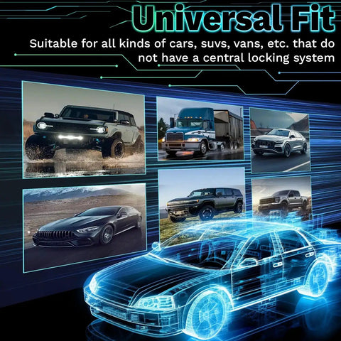 Universal 12V Door Lock Actuator Kit For Cars And Trucks with images of vehicles and digital fitment illustration.