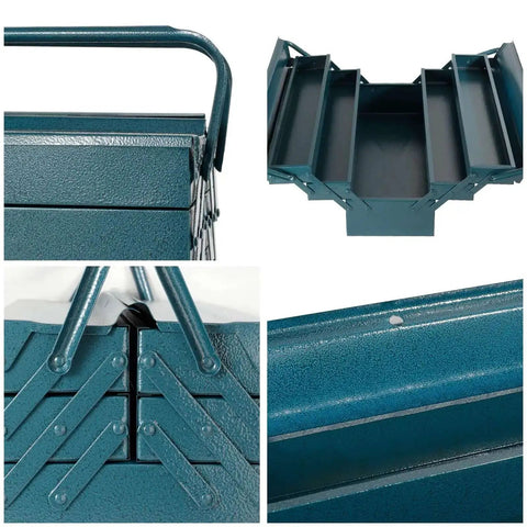 17 Inch Cantilever Tool Box With 5 Trays Portable Metal Organizer for Tools showing exterior and interior views, blue steel finish