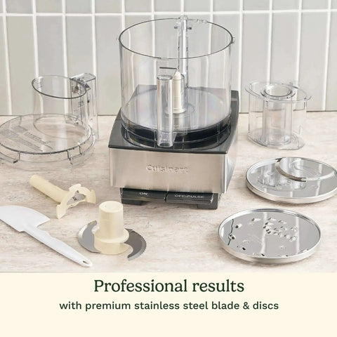 14 Cup Food Processor With 720 Watt Motor A Versatile Kitchen Powerhouse, showing stainless steel blades and accessories on counter