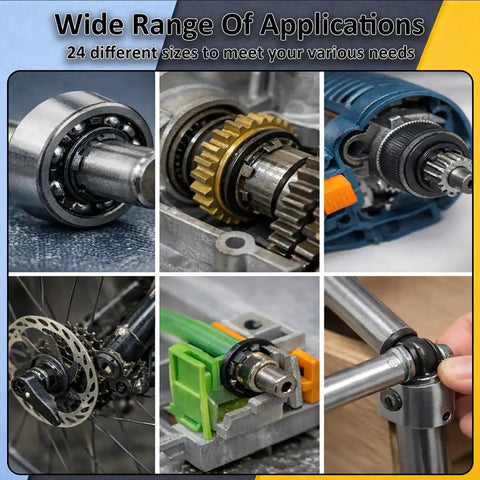 Collage showing uses of 850 Piece C Clip And E Clip Retaining Ring Kit With 24 Sizes From M2 To M16 Carbon Steel for auto repairs.