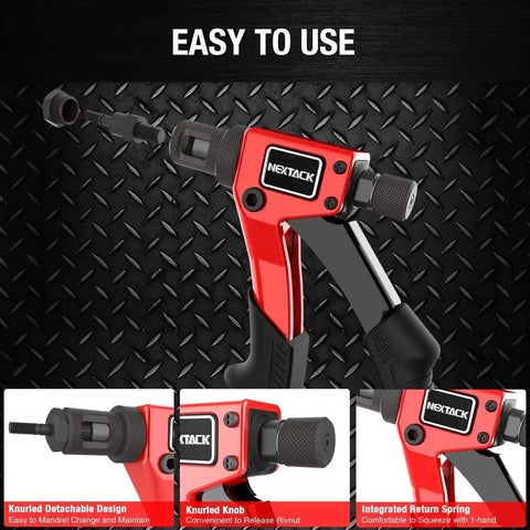 Rivet Nut Tool Kit Right Angle 8 Inch Built For Tight Spaces With Step Drill Bit and 80 Nutsets, red and black tool on display