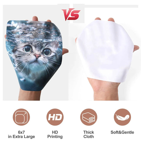 Comparison of cute cat microfiber cleaning cloths showing cat design and plain side