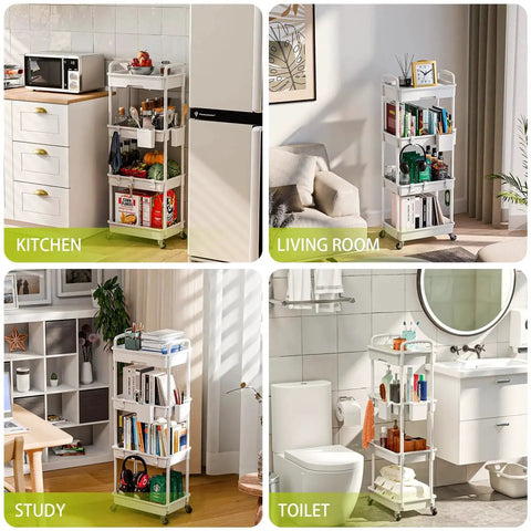 Four tier rolling cart organizer with wheels for kitchen, bathroom, laundry room, and office use in different home settings