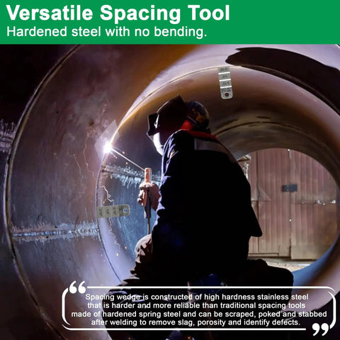 Worker using Two Pack 7 Stepped Pipe Spacer Wedge Gauge Three Quarter Inch By Four Inch For Pipe Spacing And Welding Stepped Flange Wedge.