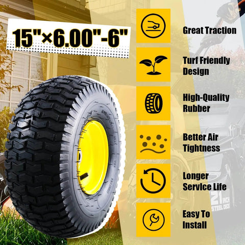 15x6.00-6 Tubeless Lawn Mower Tire And Wheel Assembly Front Replacement For John Deere And Other Riding Mowers Four Ply Pneumatic