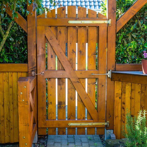 Wooden gate with 2 Inch Hook And Eye Latch For Barn Doors Privacy Hardware Stainless Steel Gate Lock