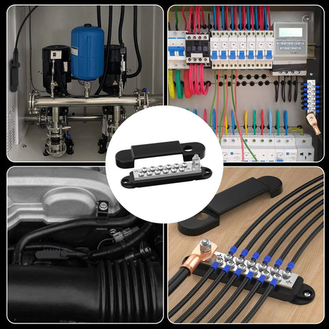 Marine Grade 12 Volt Bus Bar Power Distribution Block with One Quarter Inch Stud and Twelve Terminal Screws view in various installations
