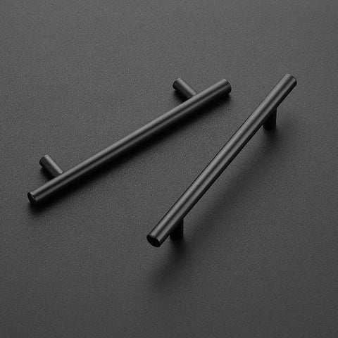 Two matte black cabinet pulls in a set, 7.38 inches long, stainless steel, showcasing modern kitchen hardware.