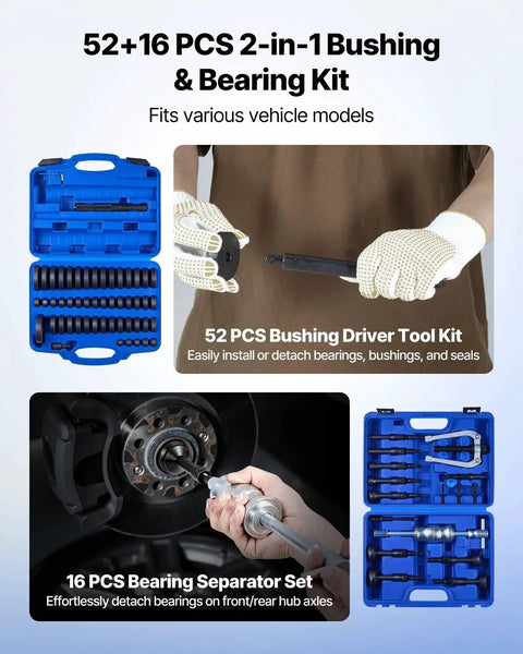 52 Piece Custom Bushing Bearing And Seal Driver Set And 16 Piece Slide Hammer Puller Kit with blue cases and demonstration