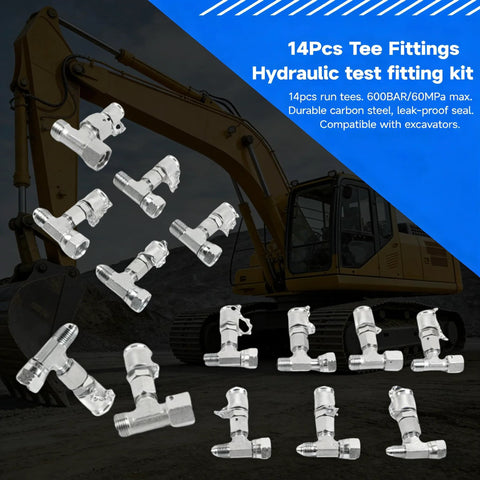 14Pcs Tee Fittings hydraulic test kit, silver chrome-plated carbon steel tees for excavators
