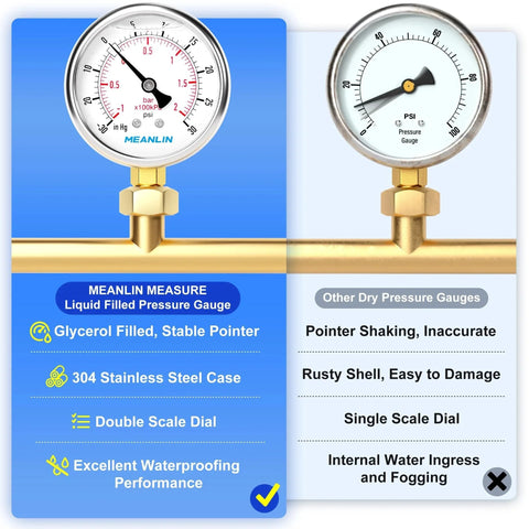 Stainless Steel Liquid Filled Vacuum And Pressure Gauge With Two And A Half Inch Dial, Lower Mount, One Quarter Inch NPT Inlet