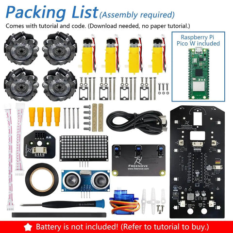Complete contents of Mecanum Wheel Robot Car Kit for Raspberry Pi Pico W Included, assembly parts and sensors shown.