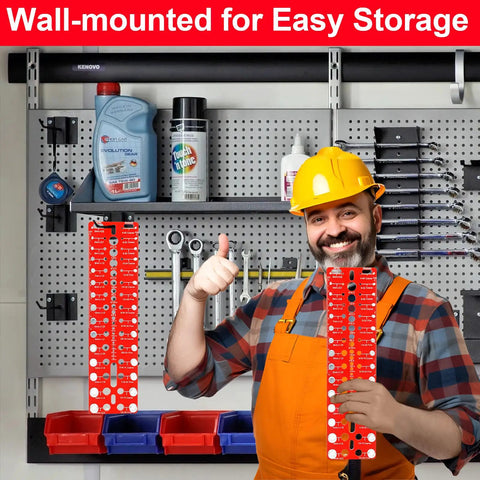 Nut And Bolt Thread Checker Kit With 49 Pieces 15 Metric And 15 Standard Sizes displayed on a wall-mounted pegboard.