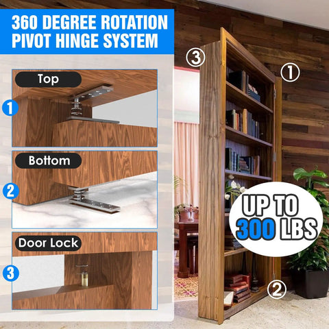 Hidden Door Hinge Set Heavy Side Type For Wood Doors And Bookshelves, 2 Pack Pivot Hinges for Secret Bookcase, installed view