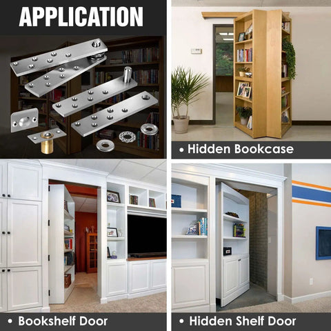 Hidden Door Pivot Hinges for Wood Doors, Heavy Duty Stainless Steel 200 Lb Load, Concealed Bookcase Cabinet Door Hinges shown in application