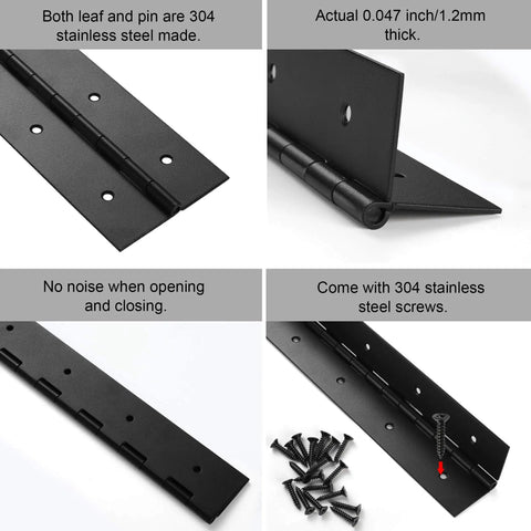 Heavy Duty 36 Inch Piano Hinges 0.047 Inch Thick Stainless Steel Black 2 Pack Continuous Hinge with screws and close-up views.