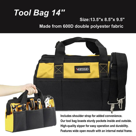 14-inch yellow and black tool bag with multiple pockets and shoulder strap, holding various hand tools.