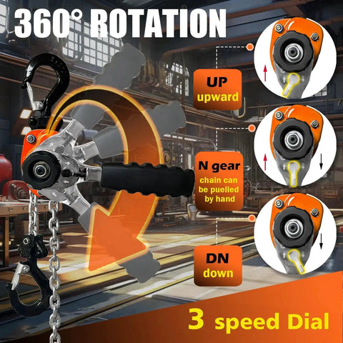 360-degree view of Mini Lever Hoist Chain Puller 1/4 Ton 10 Ft Alloy G80 Chain With Safety Hooks, highlighting rotation and speed dial.