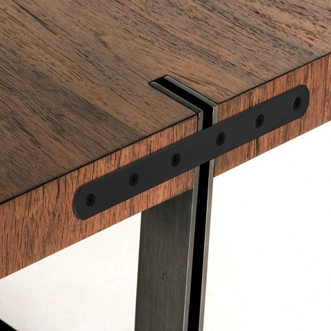 Heavy Duty Black Mending Plate And Straight Brackets Set For Wood And Furniture Repair installed on a wooden table corner