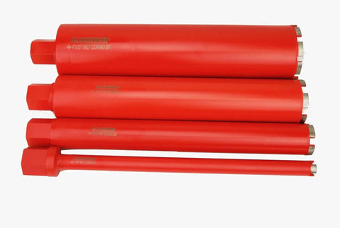 Set of red Diamond Wet Core Drill Bit Set For 1 To 4 Inch Holes With One And One Quarter Inch 11 UNC Threaded Core Bits For Concrete Masonry