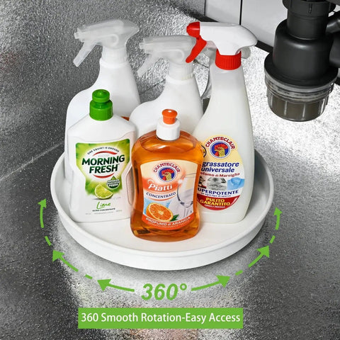 10 Inch Lazy Susan Organizer Set Amolliar 3 Pack holding cleaning supplies under sink with 360 rotation feature