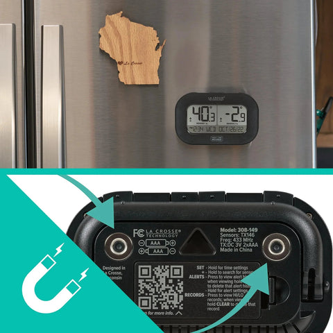 Dual Sensor Wireless Fridge Freezer Thermometer With Magnetic Back Temperature Display Fahrenheit Or Celsius Hi Low Alerts And History Log Versatile Mounting For Magnetic Back Wall Or Desk La Crosse Technology 30804747INT For Home Kitchen Use on a fridge