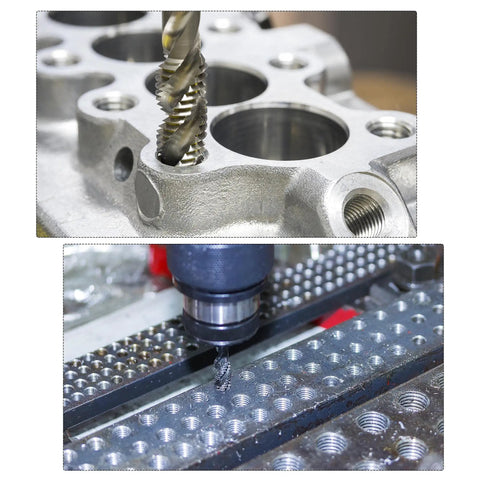 M6 x 1.0 Spiral Flute Thread Tap For Metalworking HSS Nitriding Coated right-hand thread in use on metal surface