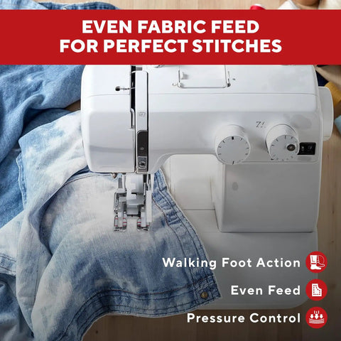 Front view of a white sewing machine with walking foot attachment sewing denim fabric
