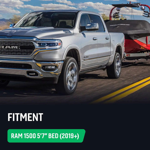 2019+ RAM 1500 showcased pulling trailer, promoting Passenger Side Rear Bedside MOLLE Panel Rack System for Ram 1500 Trucks