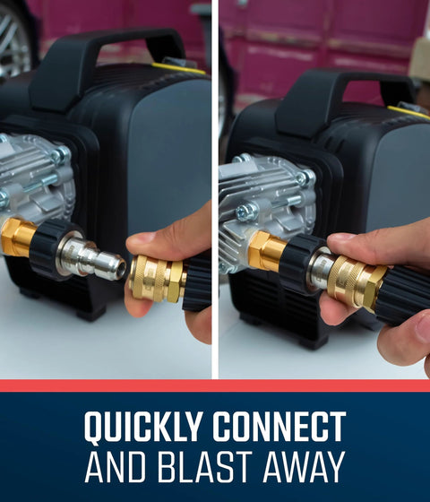 Pressure washer quick-connect kit with brass M22-14mm to 3/8" fitting, front view.

Close-up of brass quick-connect fitting on pressure washer hose, knurled nut visible.