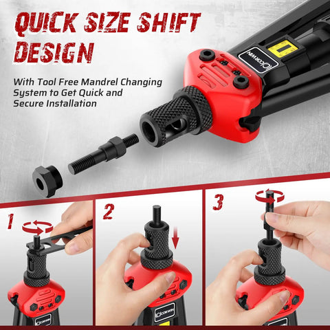 Stroke Setting Rivet Nut Gun 16 Inch With Metric and SAE Mandrels plus 200 Rivet Nuts in Blow Mold Case for Precise Stroke