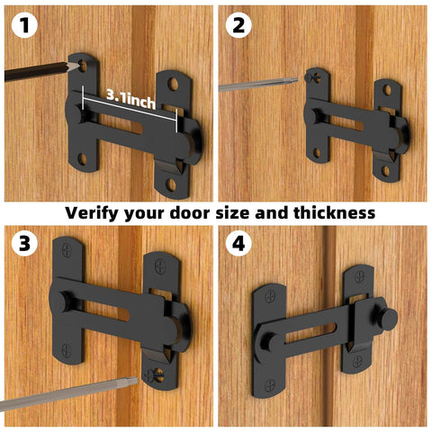Installation sequence for 180 Degree Flip Sliding Barn Door Lock For Privacy And Safe Door Lock Latch on a wooden door