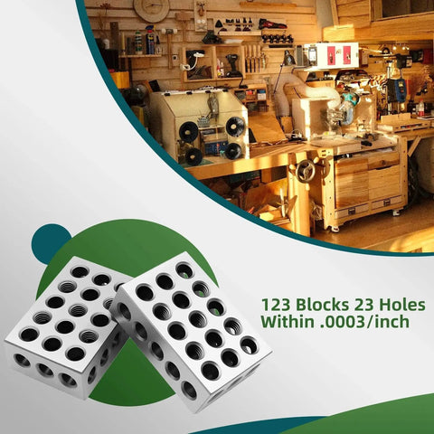 Ultra Precision Ground 1-2-3 Block Set, Matched Pair, 1x2x3 Inch Tool Steel With 23 Holes on a workshop background